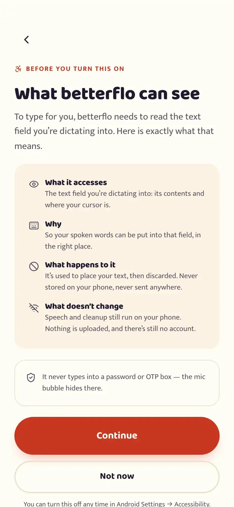 The betterflo accessibility-service disclosure screen, explaining what the service can see and why, with a clear way to leave without granting the permission