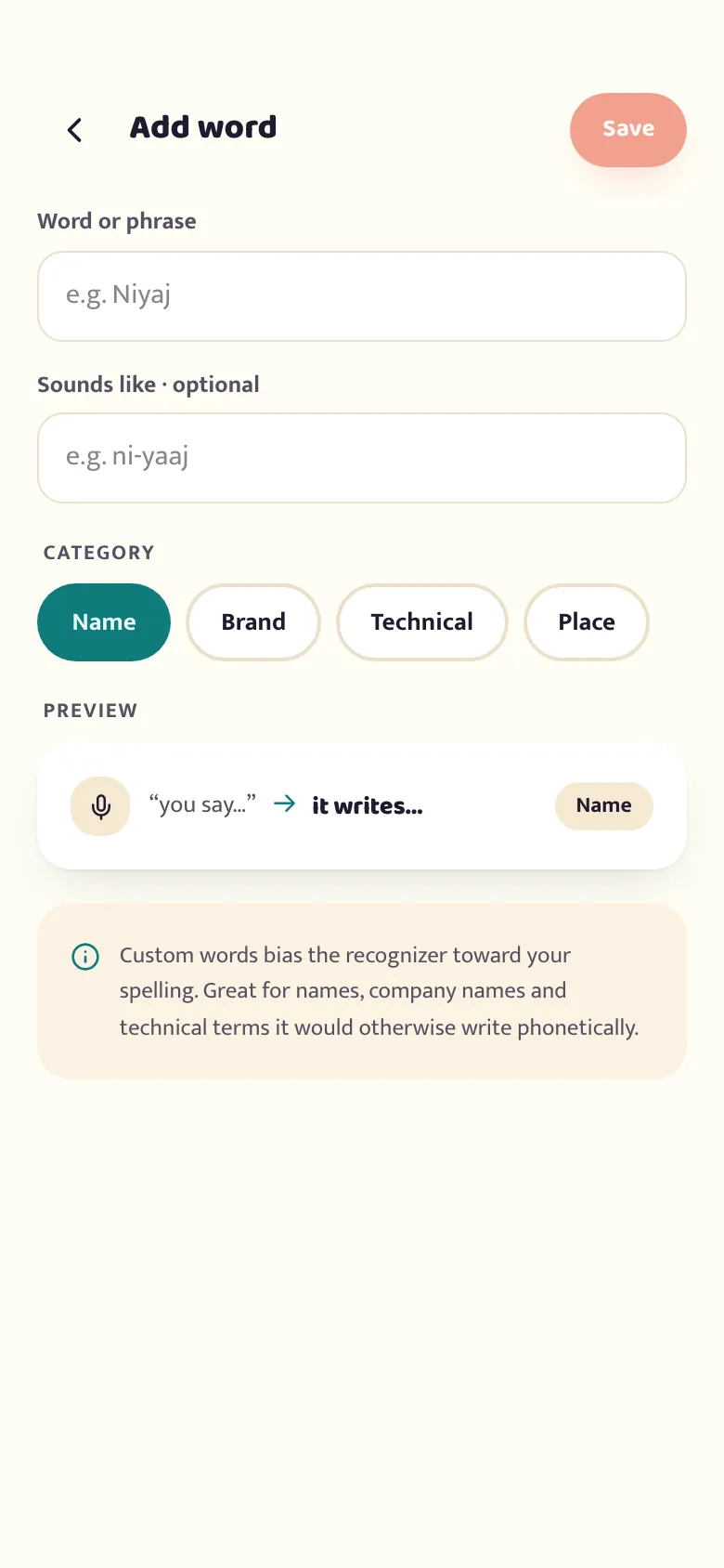 The betterflo add-word screen: a word or phrase, an optional "sounds like" pronunciation, a category, and a live preview of the dictionary row it becomes
