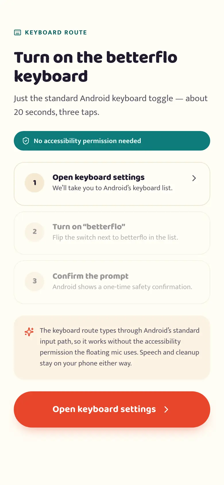The betterflo enable-keyboard screen, walking through turning on the betterflo keyboard in Android system settings