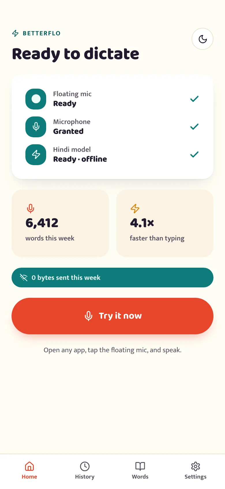The betterflo home screen: floating mic ready, microphone granted, the speech model downloaded and working offline