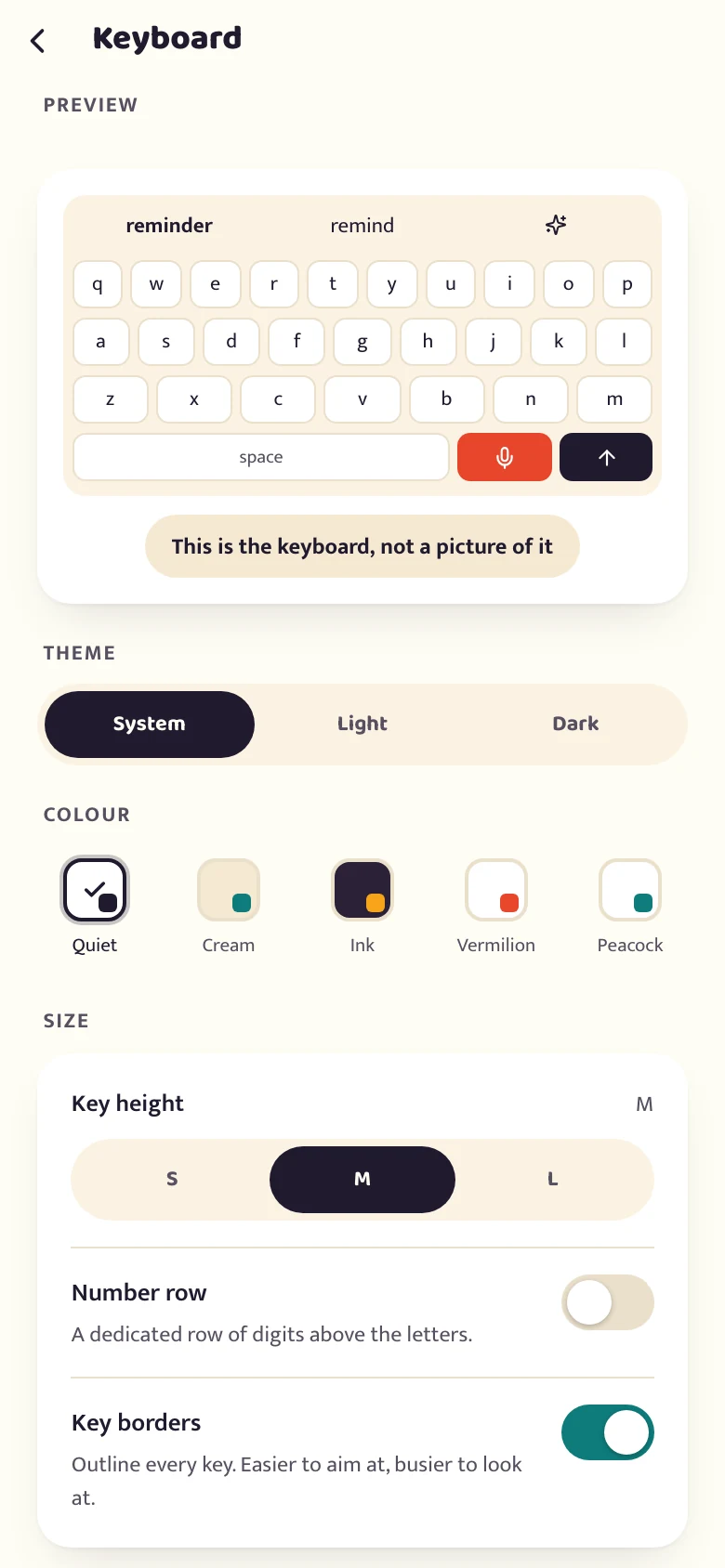 The betterflo keyboard settings screen, previewing the real key grid above the switches that change it