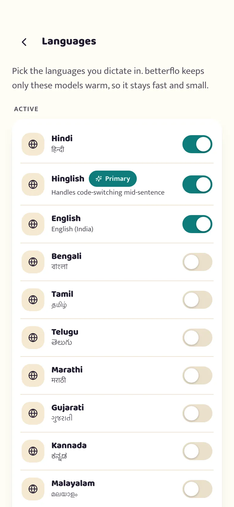 The betterflo language screen, with a language downloaded and available offline