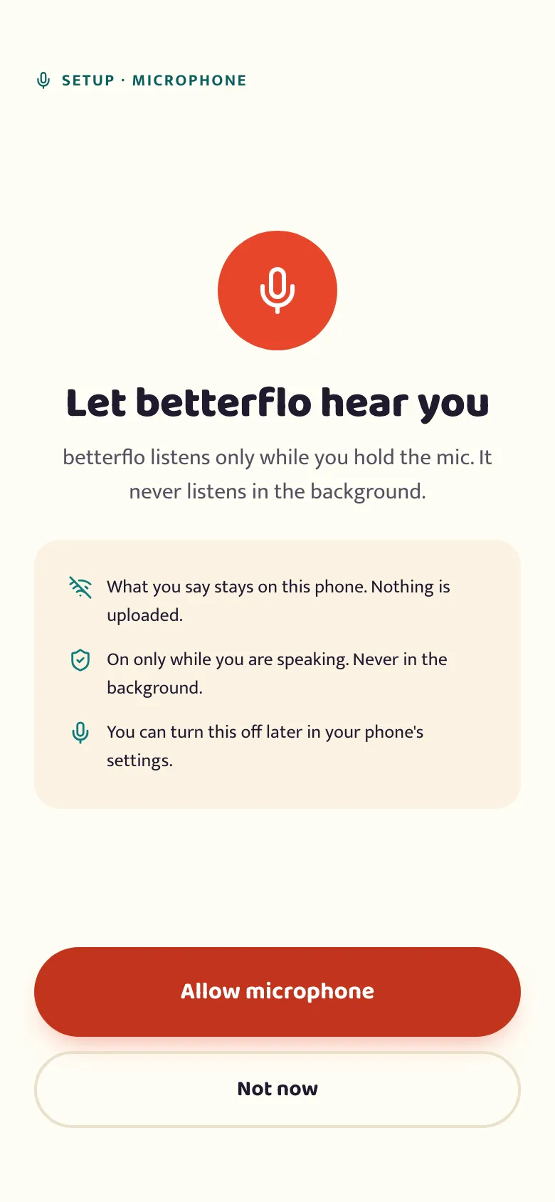 The betterflo microphone permission screen, requesting mic access with a plain-language explanation of why it is needed