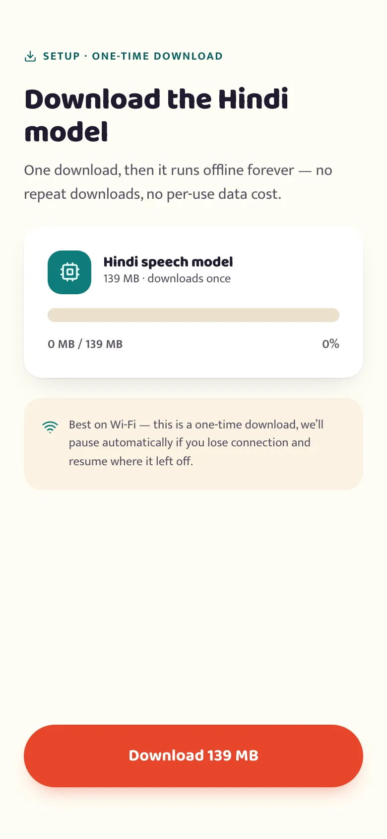 The betterflo model-download screen, showing byte-level progress for the one-time speech model download with pause and resume