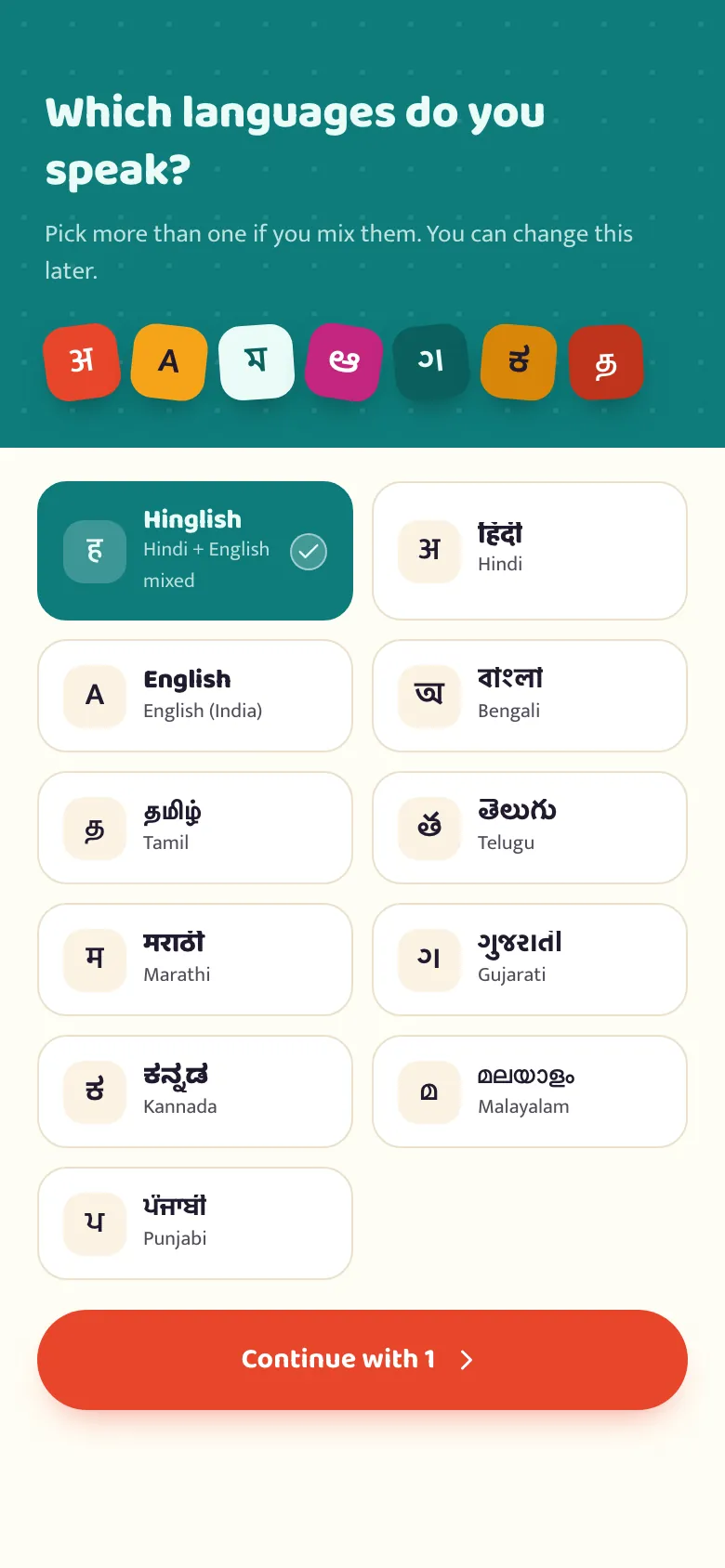 The betterflo language-picker screen during setup, multi-selecting from eleven Indian languages