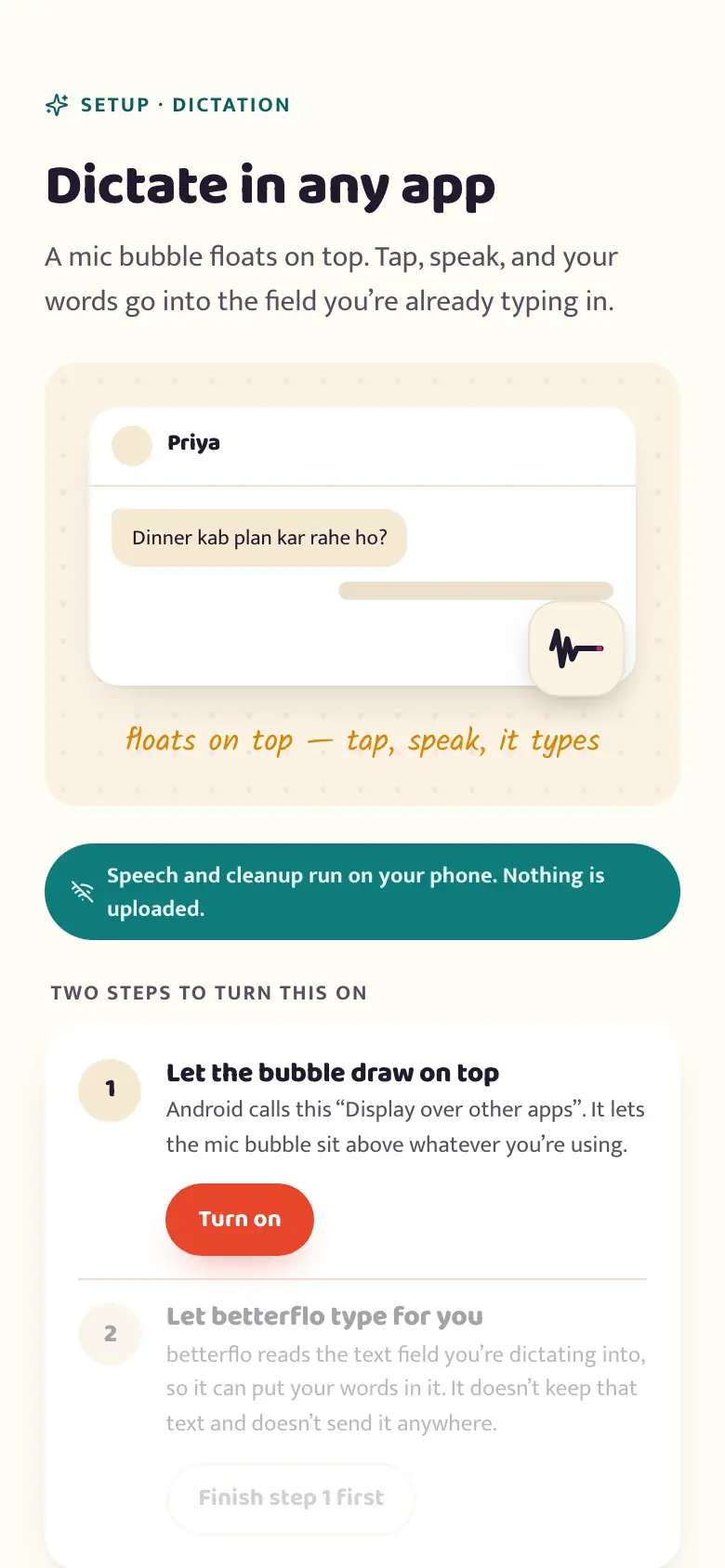 The betterflo setup screen for the floating mic: a mock chat showing the bubble in place, and two steps to turn it on — display over other apps, then the accessibility service