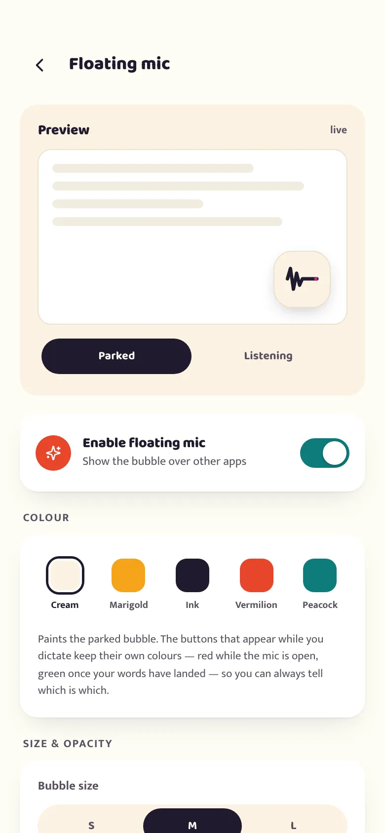 The betterflo floating-mic settings screen, with bubble position, size and parked-state colour options