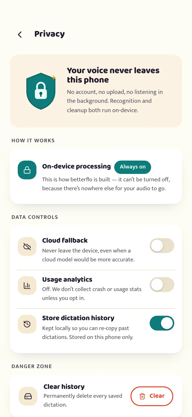 The betterflo privacy detail screen, showing what is and isn't sent by default