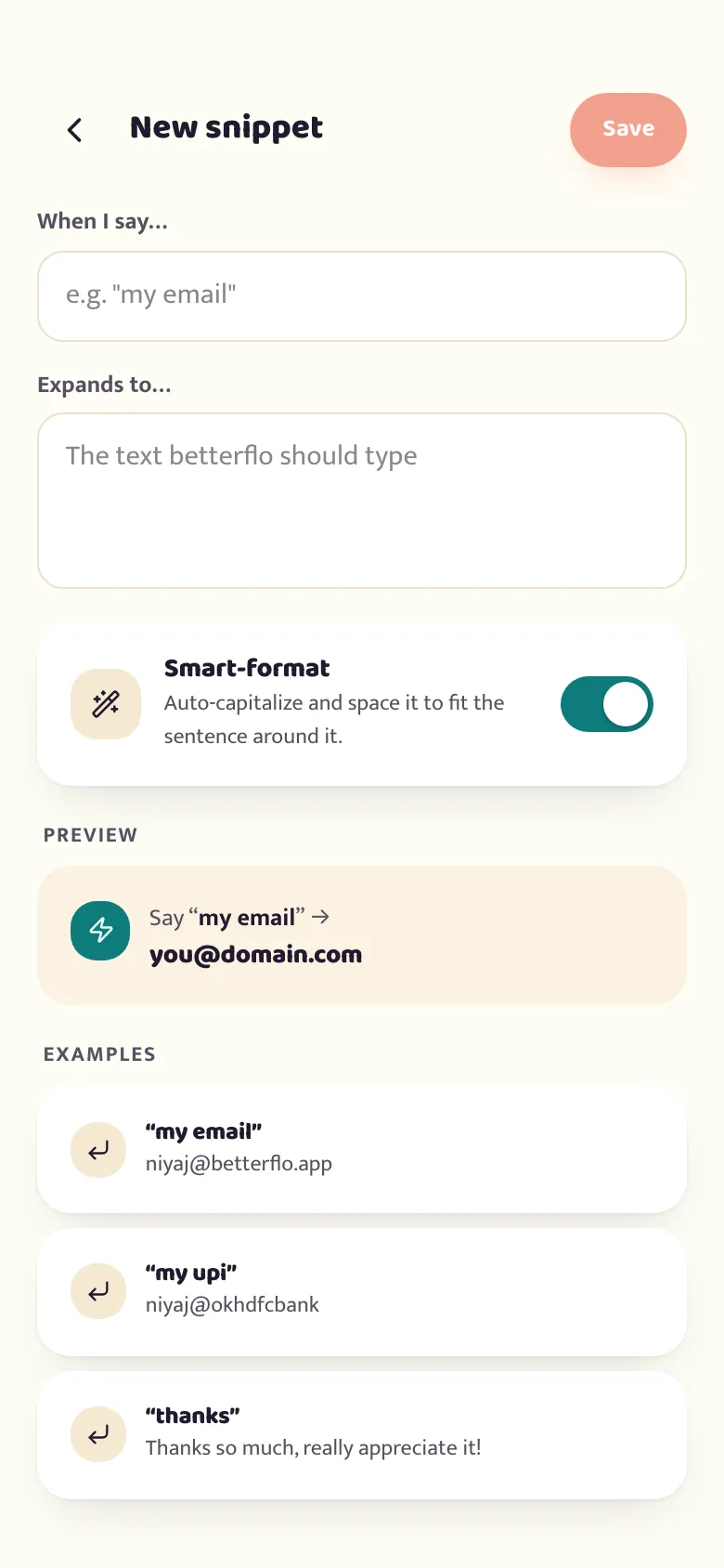 The betterflo snippet editor: a trigger phrase and the text it expands to, with a live "Say X → types Y" preview